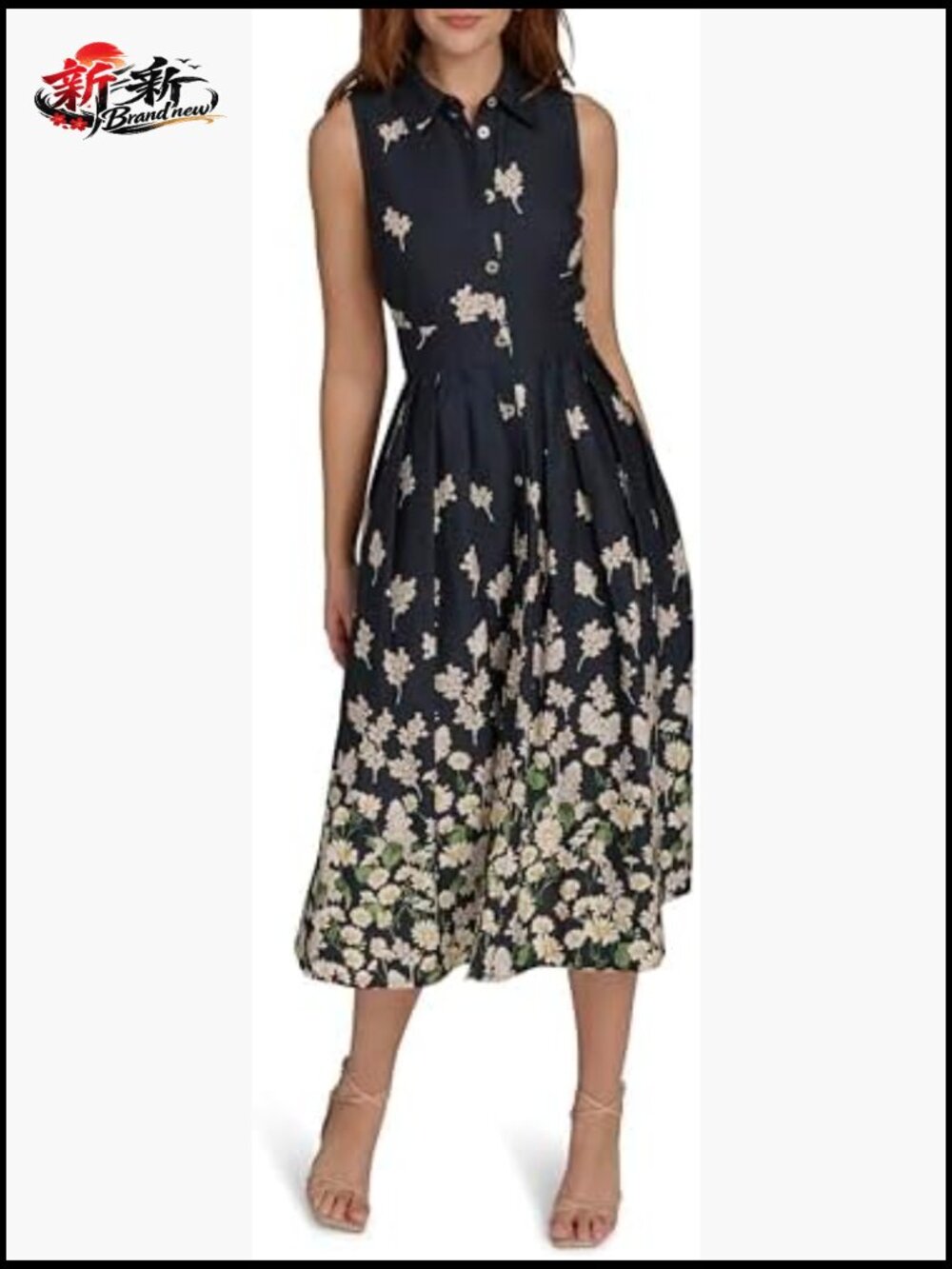 Sleeveless Collared Button A-line Midi Dress Cotton Blend Fit & Flare